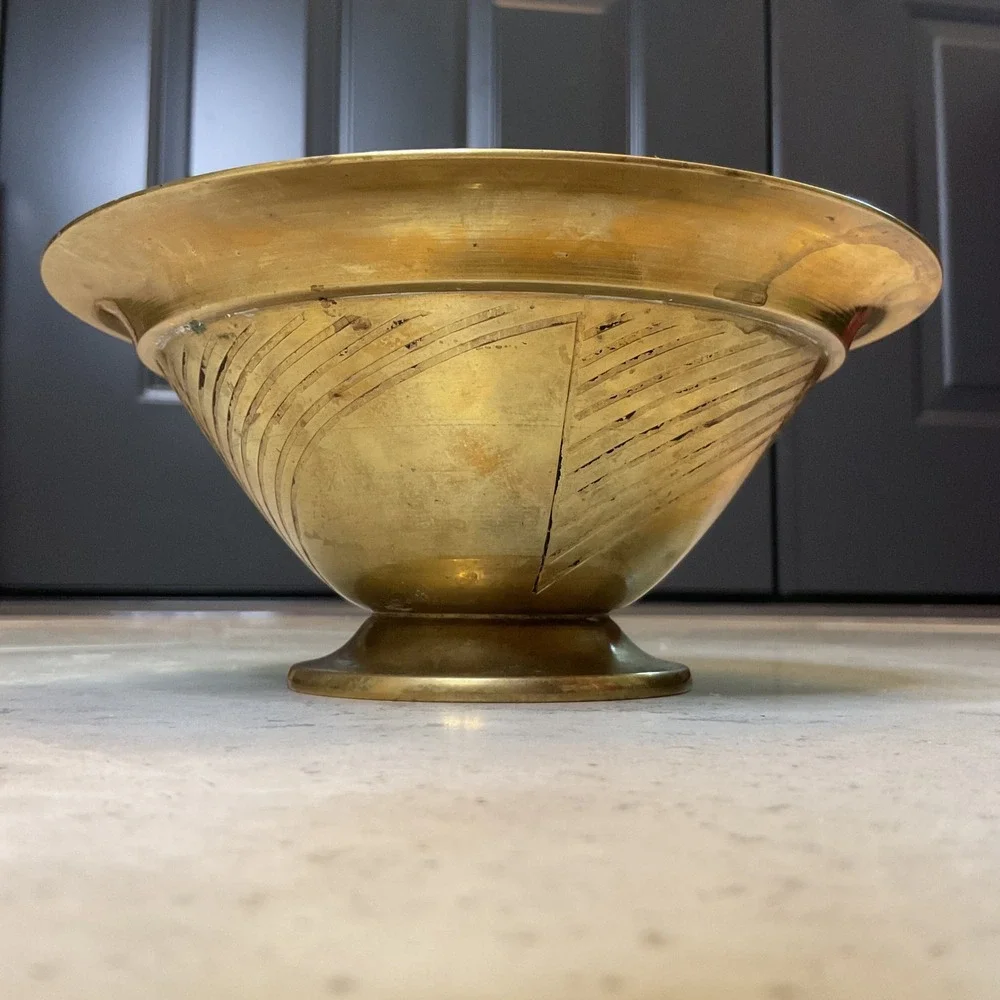 Vintage Sarna Brass India 96 Footed Bowl with Lid Etched Geometric Design Gold